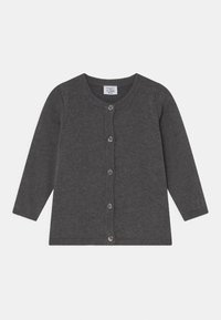 Cardigan lavorato a maglia di colore grigio scuro, con maniche lunghe, scollo rotondo e cinque bottoni sul davanti. Dettagli a coste sui polsini e sull'orlo.