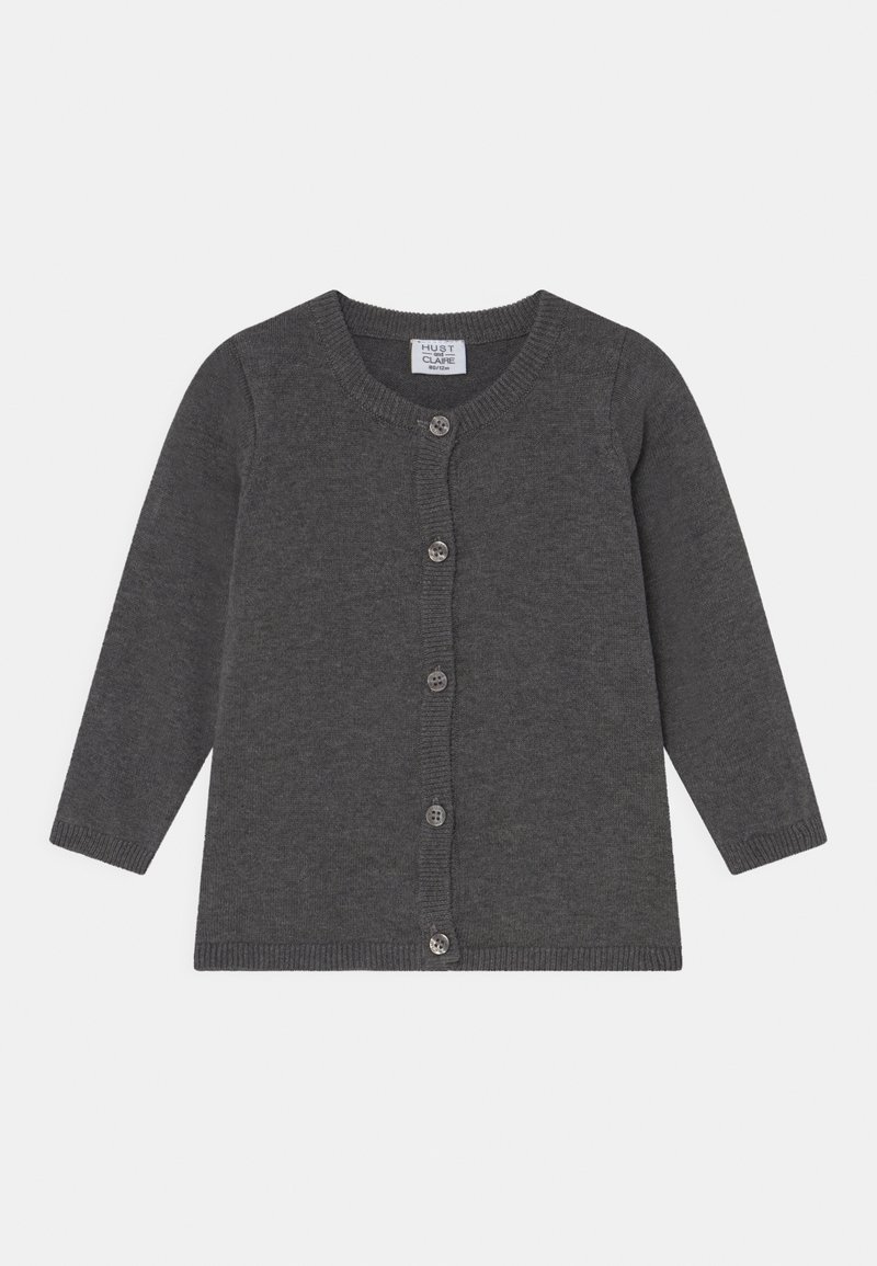 Cardigan lavorato a maglia di colore grigio scuro, con maniche lunghe, scollo rotondo e cinque bottoni sul davanti. Dettagli a coste sui polsini e sull'orlo.