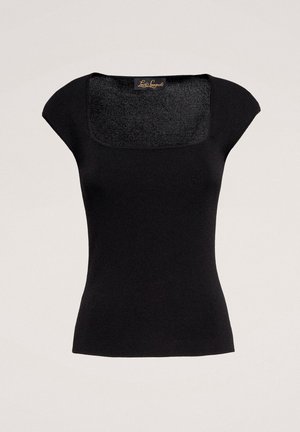 Top negru, ajustat, cu decolteu pătrat, mâneci scurte de tip capă și textură netedă. Fabricat dintr-un material elastic cu un design curat și minimalist.