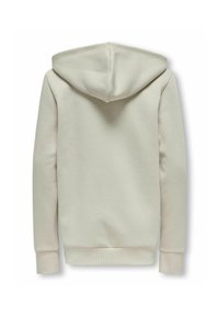 Felpa con cappuccio di un beige chiaro, dalla texture morbida. Presenta polsini e orlo ribattuti, un tessuto liscio e un design semplice e pulito.