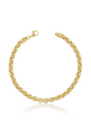 Goldenes Kettenarmband mit abgerundeten Gliedern und einem Karabinerverschluss auf weißem Hintergrund.