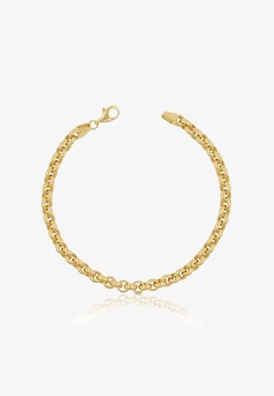 Bracciale a catena in oro con maglie arrotondate e chiusura a moschettone su sfondo bianco.