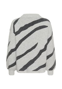 Pull gris en maille avec des rayures noires irrégulières en diagonale, manches longues et poignets côtelés, présenté de dos sur fond blanc.