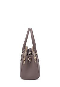 Brown leather handbag with a structured shape, dual zip closures, and gold-tone hardware. Features two short handles.