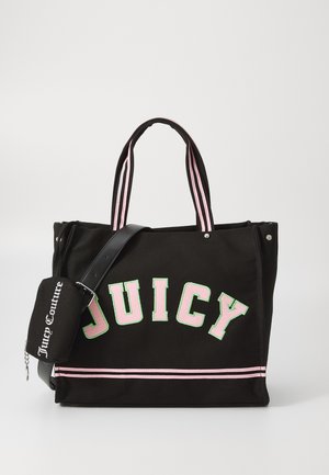 Borsa tote nera in tela con manici a strisce rosa, presenta la scritta "JUICY" in lettere cubiche verdi e rosa, include una pochette staccabile.
