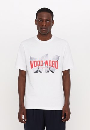 White cotton t-shirt featuring a graphic print with 'WOOD WOOD' in red and grey tones, round neckline, and short sleeves.