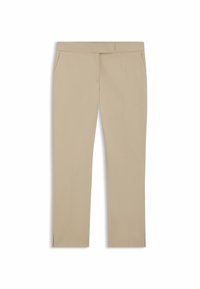 Beige maßgeschneiderte Hose mit geradem Bein, ausgestattet mit zwei Seitentaschen und subtilen Falten. Glattes Material, klare Linien und ohne Muster.