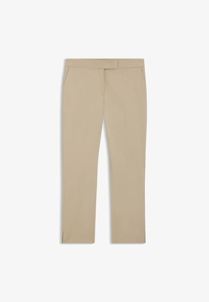 Beiget räätälöidyt housut suoralla lahkeella, joissa on kaksi sivutaskua ja hienovaraiset laskokset. Luja kangas, siistit linjat, ilman kuvioita.