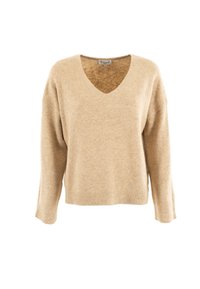 Suéter de punto suave beige con mangas largas, cuello en V y puños y dobladillo acanalados, exhibido sobre un fondo blanco.