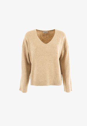 Suéter de punto suave beige con mangas largas, cuello en V y puños y dobladillo acanalados, exhibido sobre un fondo blanco.