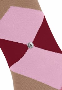 Skarpetki do kolan z geometrycznym wzorem w odcieniach brązu, różu i burgundu. Zawierają metaliczny detal z logo na środku.