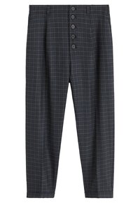 Ciemnoszare spodenki w kratę z wysokim stanem, pięć czarnych guzików z przodu oraz prosty krój nogawek.