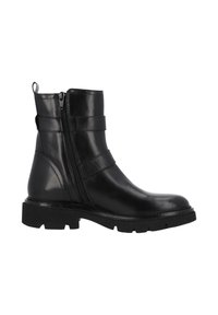 Botín de cuero negro hasta el tobillo con cremallera lateral, dos correas horizontales, suela gruesa, punta redondeada y acabado texturizado.