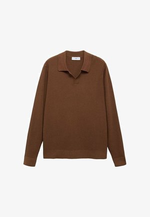 Brązowa, długorękawowa koszulka polo z dzianiny prążkowanej, z kołnierzykiem, dekoltem w literę V i prostym dołem. Teksturowana powierzchnia z subtelnymi detalami.