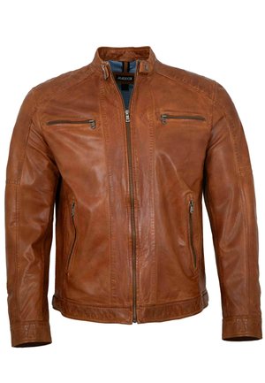 Brown leather jacket with front zipper, two zippered chest pockets, and two zippered side pockets, featuring a snap-button collar.