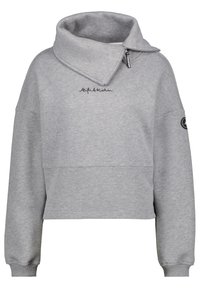 Grauer, kurz geschnittener Sweatshirt mit hohem Kragen, Reißverschluss-Detail und gesticktem Logo. Verfügt über Raglanärmel und gerippte Bündchen für zusätzliche Textur.