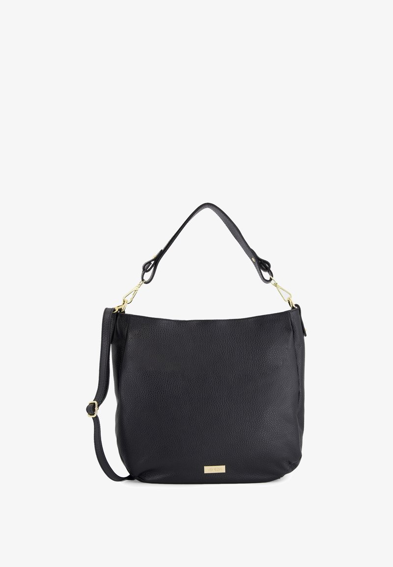 Schwarze Lederhandtasche mit strukturiertem Oberflächen, goldenen Hardwareakzenten, einem oberen Griff und einem abnehmbaren Schultergurt. Geräumiges Design.