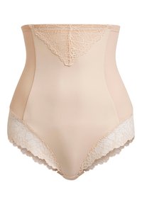 Beige, hoch geschnittene Formunterwäsche mit Spitzenakzenten an der Taille und den Beinöffnungen, hergestellt aus glattem, elastischem Stoff.
