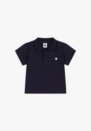 Marineblaue Polohemd aus Baumwolle. Verfügt über einen klassischen Kragen, kurze Ärmel und ein kleines gesticktes Logo auf der Brust. Einfaches Design.