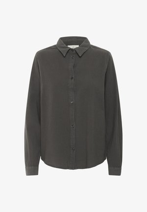 Donkergrijze longsleeve shirt van zacht materiaal, met een knoopsluiting aan de voorkant, een klassieke kraag en een afgeronde zoom met minimale details.