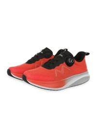 Red athletic shoes with black accents, featuring a lightweight mesh upper, a rounded toe, rubber sole, and a disc laceless closure system.