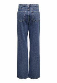 Široke denim hlače, temno modre, z visokim pasom, dvema zadnjima žepoma in končnimi robovi. Imajo subtilne detajle šivanja in klasično teksturo.
