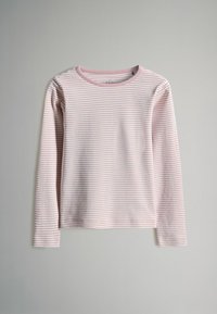 Ilga rankovė marškiniai, pagaminti iš minkštos medžiagos, su plonomis rožinėmis ir baltomis juostelėmis. Apvalus iškirpimas su rožiniu apvadu ir tiesus apatinis kraštas.