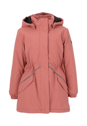 Rosa wasserdichte Jacke mit Kapuze, tailliertem Schnitt, zwei Fronttaschen und grauen Akzenten. Glatte Textur und lässiges Design.