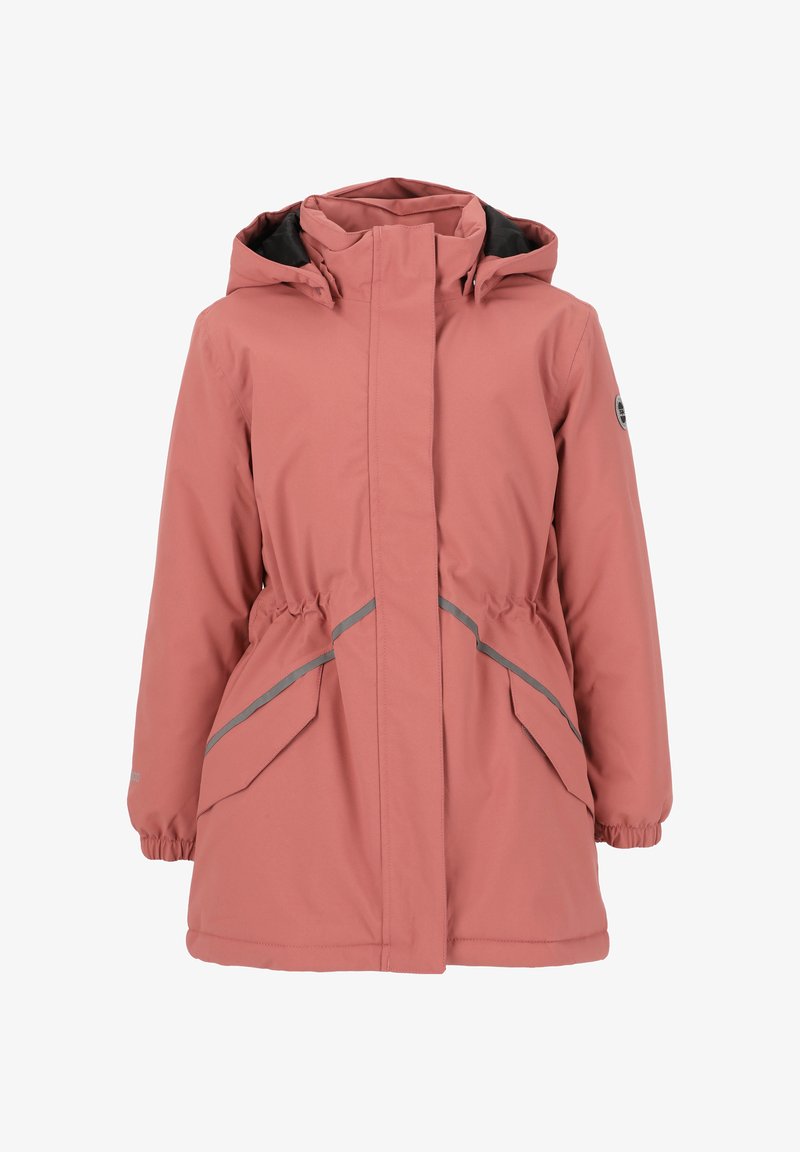 Rosa wasserdichte Jacke mit Kapuze, tailliertem Schnitt, zwei Fronttaschen und grauen Akzenten. Glatte Textur und lässiges Design.