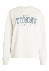 Bílé mikina s kulatým výstřihem s nápisem "Worldwide TOMMY JEANS" v modré a černé barvě na hrudi, dlouhé rukávy a žebrované manžety a lem.
