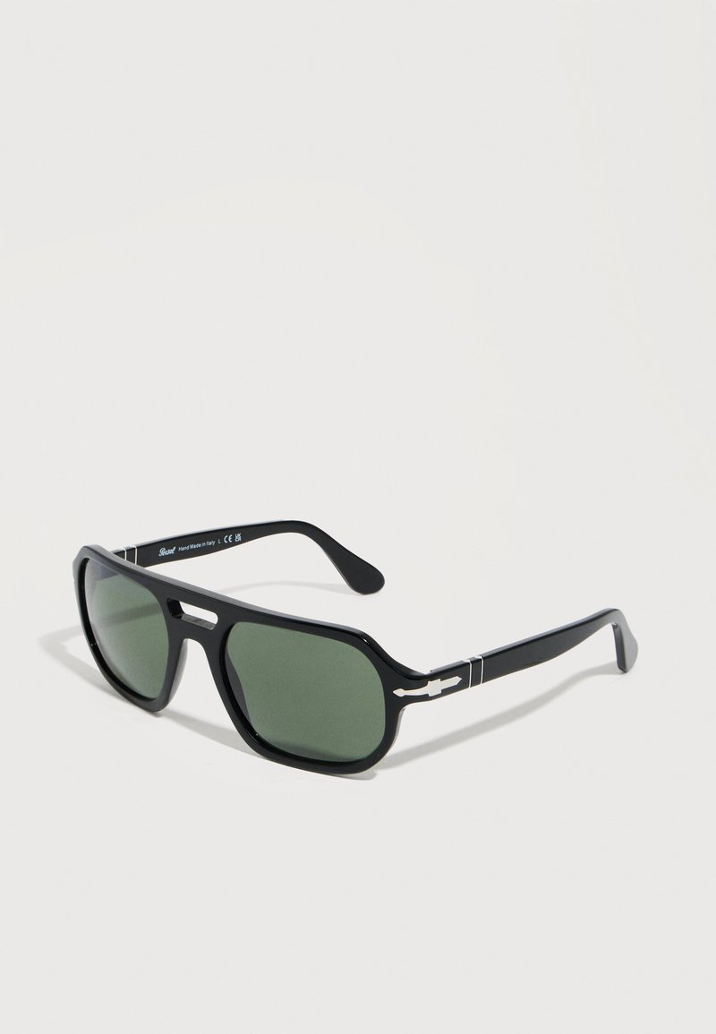 Black rectangular sunglasses with dark green lenses and white decorative details on the temples, shown on a white background.