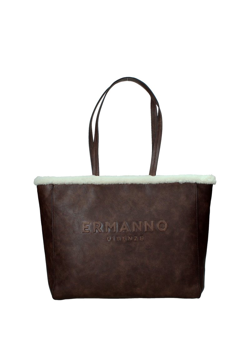 Borsa a spalla di colore marrone scuro con rifiniture in pile bianco e due manici, con la scritta "ERMANNO FIRENZE" in rilievo sulla parte anteriore.