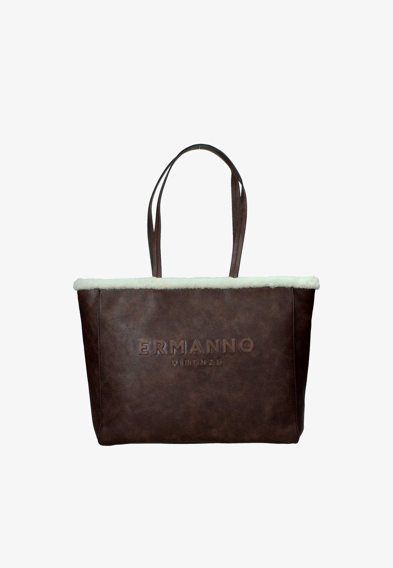 Borsa a spalla di colore marrone scuro con rifiniture in pile bianco e due manici, con la scritta "ERMANNO FIRENZE" in rilievo sulla parte anteriore.