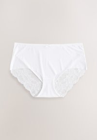 Białe majtki z gładkim przodem, koronkowym tyłem z motywem kwiatowym i falowanym brzegiem. Wykonane z miękkiego materiału.