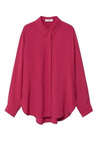 Langärmliges Hemd in leuchtendem Pink, mit Kragen, Knopfleiste und geschwungener Saumlinie. Hergestellt aus glattem Stoff mit lockerer Passform.