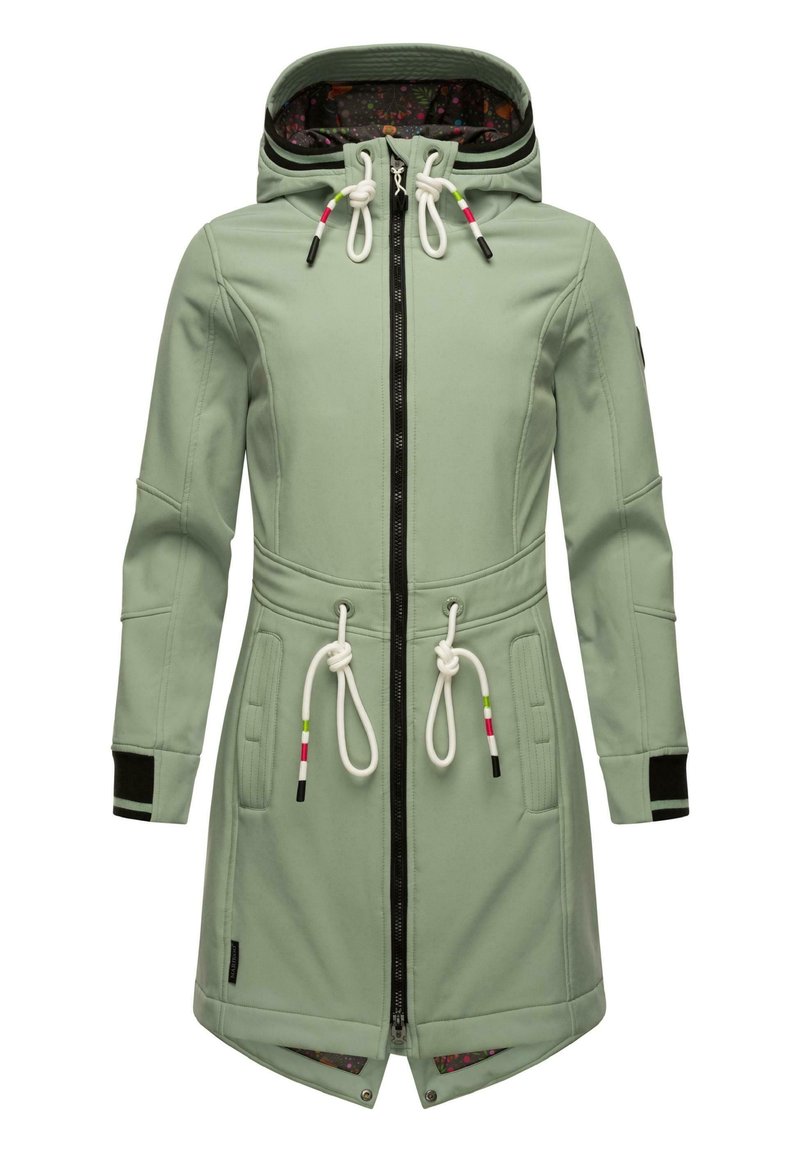 Cappotto da donna verde chiaro con zip frontale, cappuccio con coulisse e dettagli colorati, due tasche anteriori e fodera interna a fantasia.