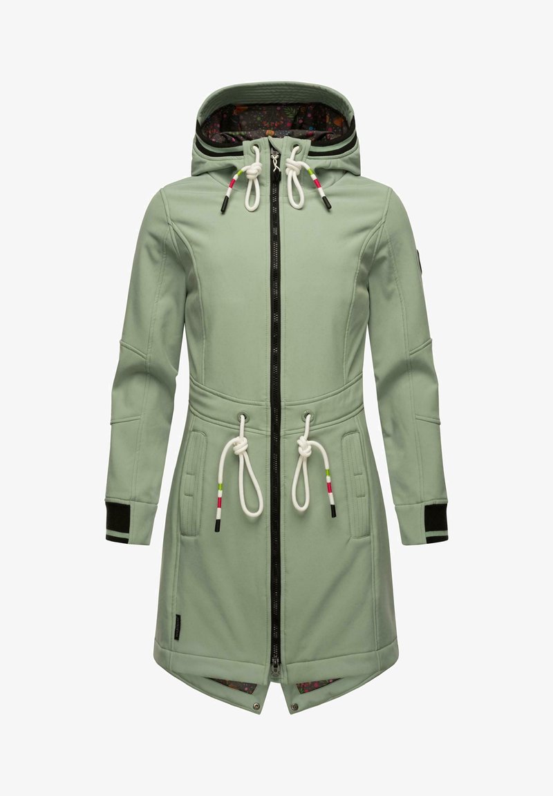 Cappotto da donna verde chiaro con zip frontale, cappuccio con coulisse e dettagli colorati, due tasche anteriori e fodera interna a fantasia.