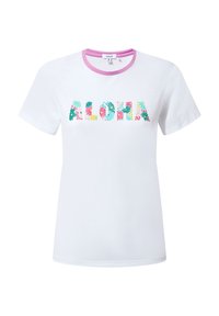 White T-shirt with short sleeves and a pink ribbed collar, featuring multicolored floral text "ALOHA" across the front.