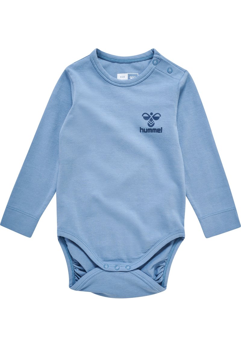 Lange mouwen blauwe bodysuit gemaakt van zachte stof, met een ronde halslijn en drukknoopsluitingen op de schouder en onderkant, met een logo.