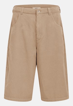 Pantalones cortos de pana beige hasta la rodilla con trabillas para cinturón, bolsillos delanteros y cierre de botón.