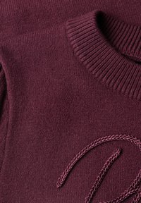 Gros plan d'un pull en maille grenat avec un col roulé côtelé et un détail de cordon tressé sur le tissu.