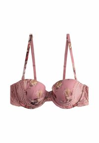 Pink floral-patterned bra with padded cups, lace detailing at the band, and adjustable straps. Features gold-tone hardware accents.