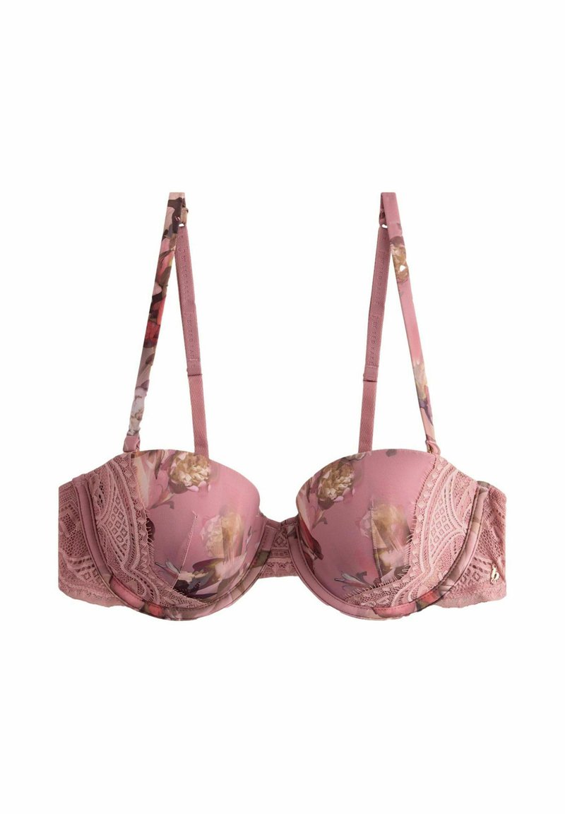 Pink floral-patterned bra with padded cups, lace detailing at the band, and adjustable straps. Features gold-tone hardware accents.