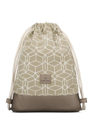 Sac à dos à cordon de couleur vert olive clair avec un motif géométrique blanc et un fond marron foncé. Il dispose d'une étiquette en tissu avec le logo.