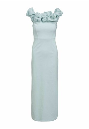 Světle modré, dlouhé šaty přiléhavého střihu s volánkovým výstřihem bez ramínek a bez rukávů.