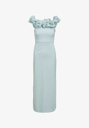 Világoskék, földig érő, testhez simuló ruha fodros, váll nélküli nyakkivágással és ujjatlan kialakítással.