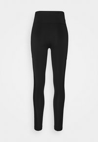 Leggings neri a vita alta realizzati in un tessuto morbido e elastico, lunghi fino alla caviglia, con cuciture piatte per garantire comfort. Presentano una tasca laterale.