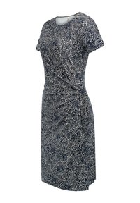Marineblaues Kleid mit floralen Muster in Creme; kurze Ärmel, runder Ausschnitt und gerafftes Detail an der Seite. Weicher, leichter Stoff.