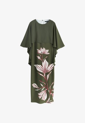 Olivgrünes Midikleid mit weiten, schwingenden Ärmeln und großem weiß-rotem botanischem Blumenmuster auf der Vorderseite.