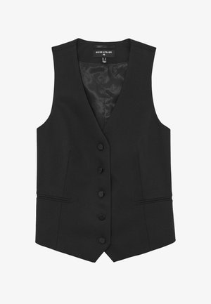 Črn brezrokavnik z V-izrezom, pet gumbov na sprednji strani, stranske žepke in gladko teksturo. Podložena notranjost z prilagojenim krojem.